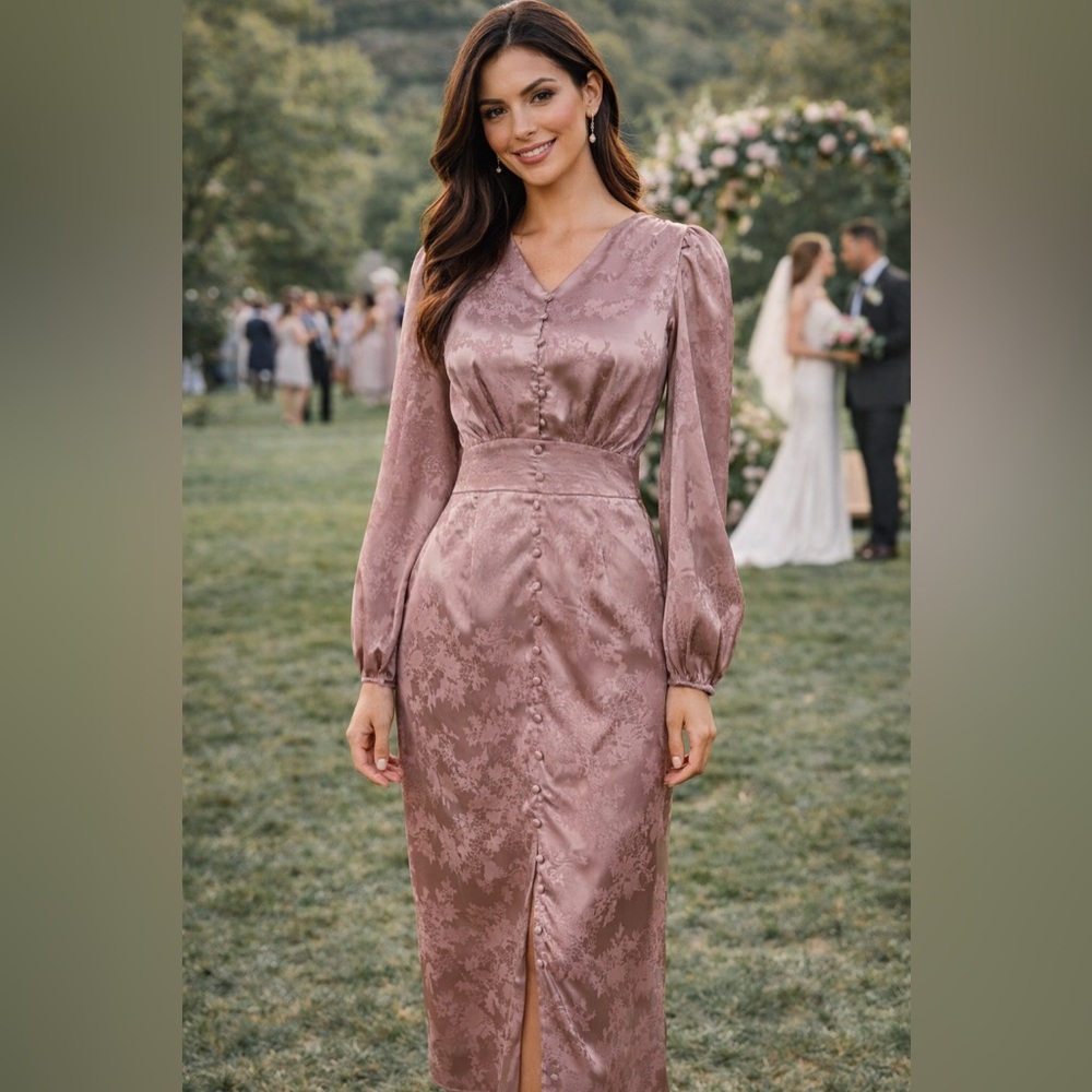 Veiled Collection XS Mauve Satin Jacquard Maxi Dress Puff Sleeve Coquette Twee
